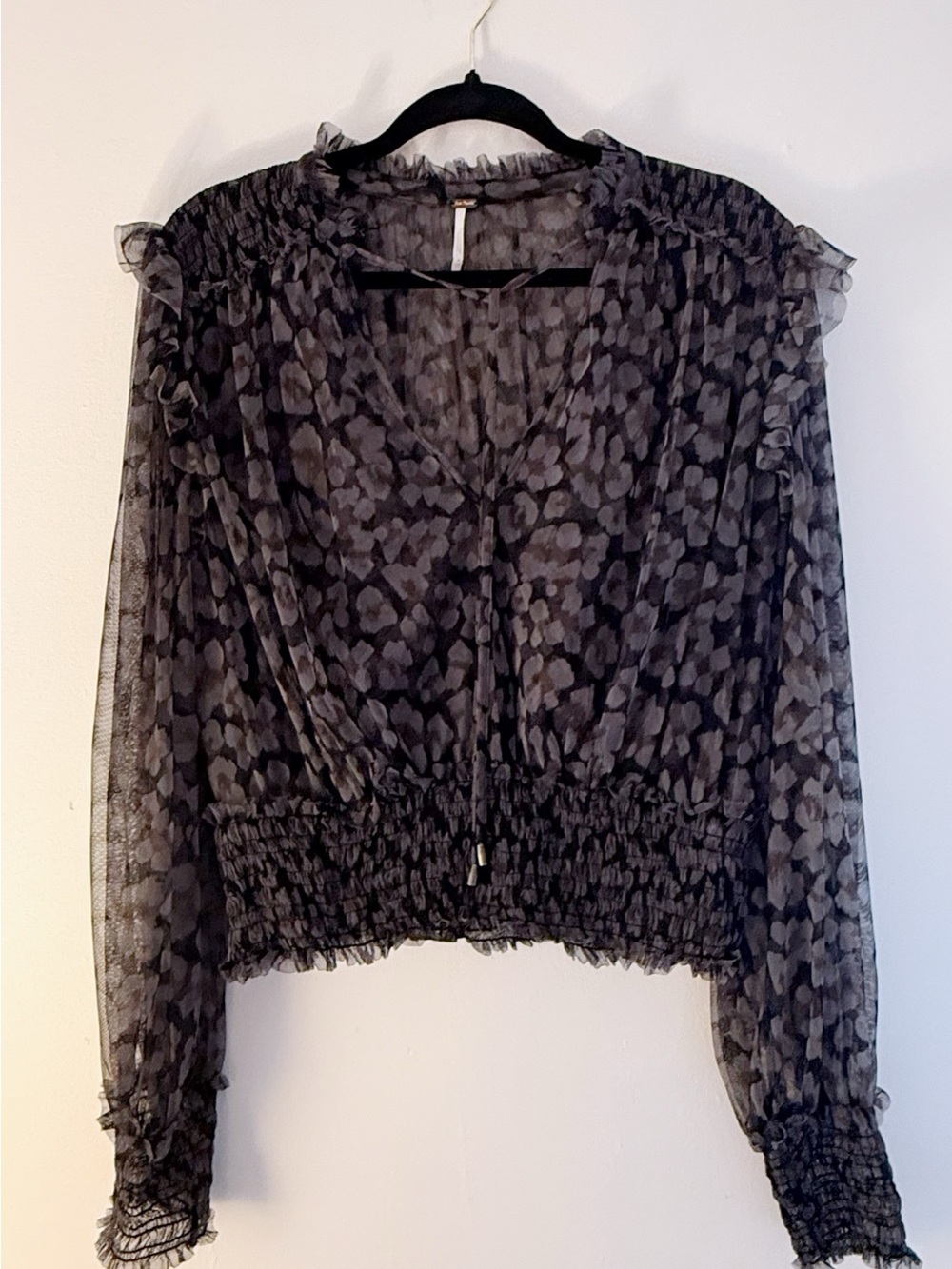 Free People Black & Gray Sheer Smocked Waist Blouse